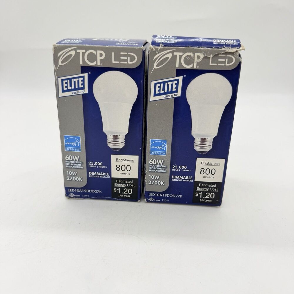 2 TCP Elite 104044 A19 LED Bulbs 10W 60W Equivalent 2700K Dimmable 800 Lumens